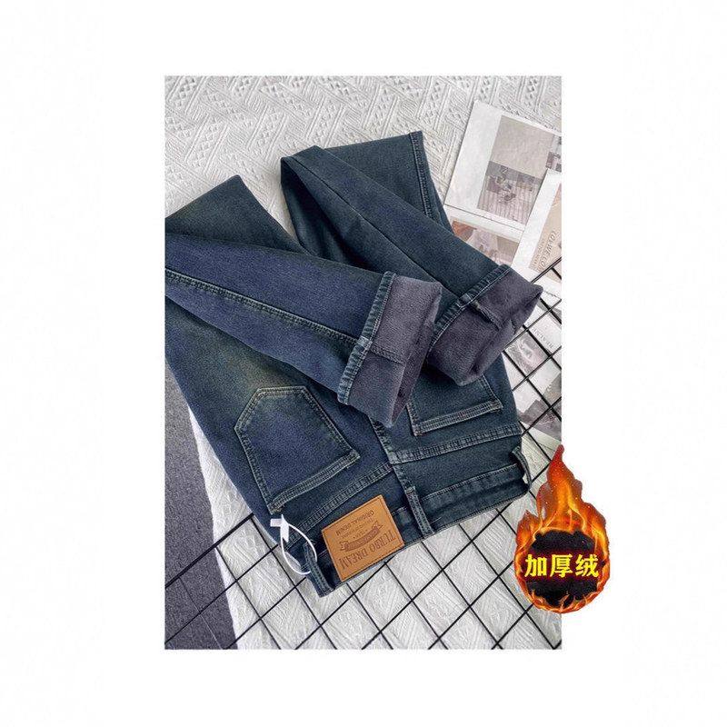 加绒加厚软牛仔裤女窄版阔腿2025年秋冬季新款保暖高腰直筒拖地裤