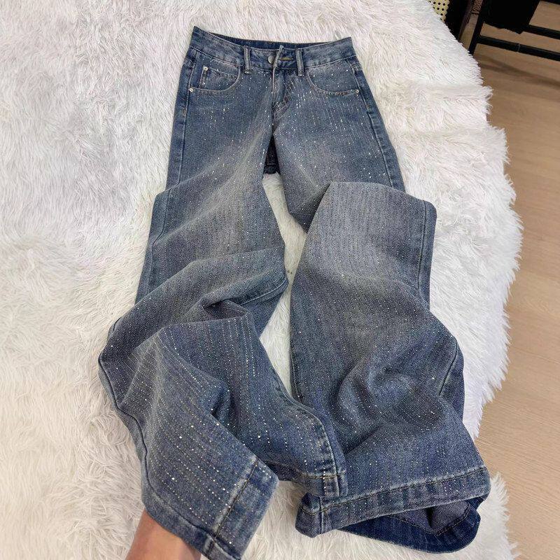 爆闪满天星烫钻阔腿牛仔裤女2026春季新款百搭显瘦宽松带钻直筒裤