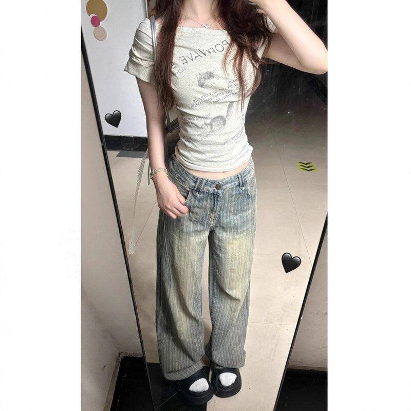 复古做旧条纹蓝阔腿牛仔裤女春夏新款宽松显瘦垂感百搭直筒拖地裤