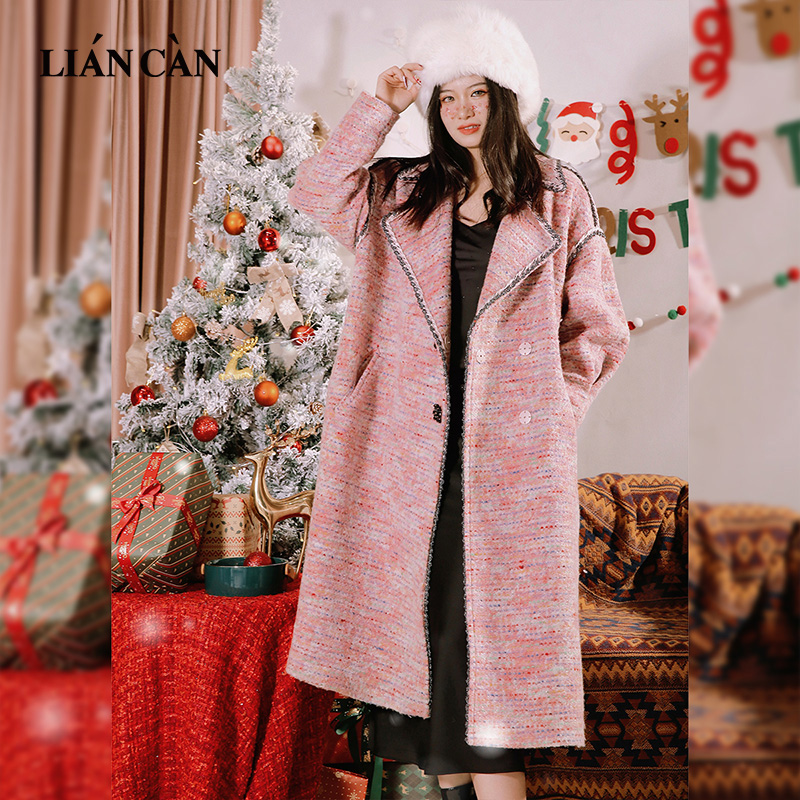 莲灿长款粗花氛围感长款毛呢大衣