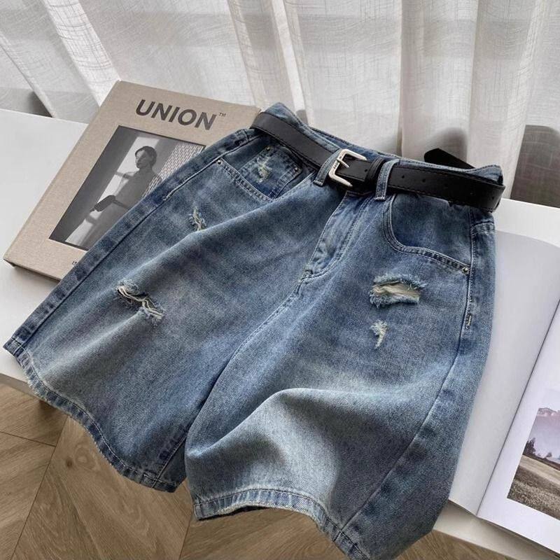 2025夏季薄款大码高腰破洞牛仔短裤女胖mm新款显瘦阔腿热裤五分裤