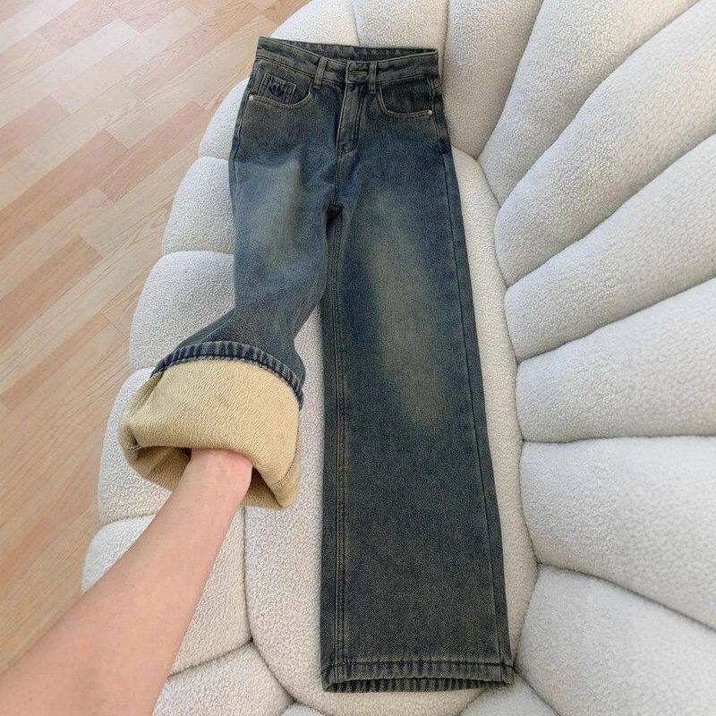 韩系爆款加绒加厚直筒牛仔裤女秋冬季新款高腰显瘦百搭窄版阔腿裤