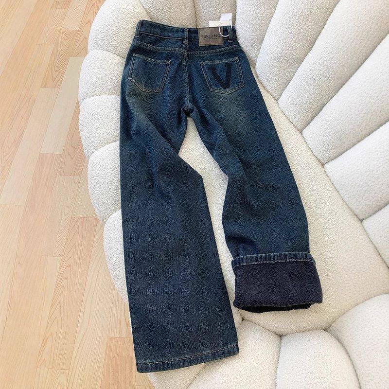 爆款加绒加厚口袋撞色直筒牛仔裤女秋冬新款设计感高腰窄版阔腿裤