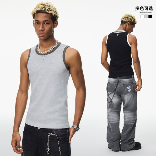 STK SmallTownKid 华夫格撞色背心男女拼色无袖圆领休闲运动马甲