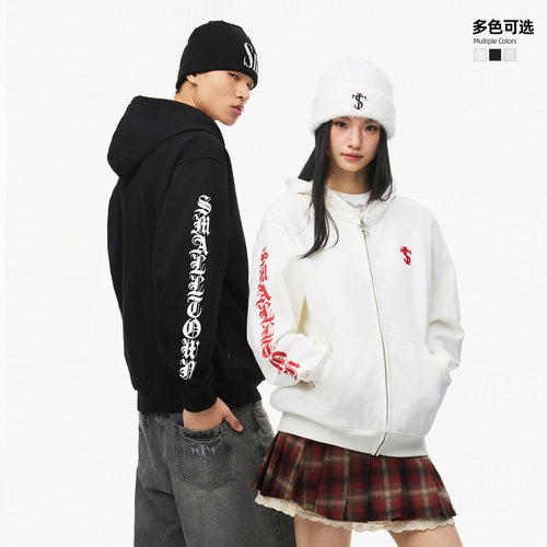 STK SmallTownKid 拉浆花体字开衫连帽卫衣美式复古字母开衫外套
