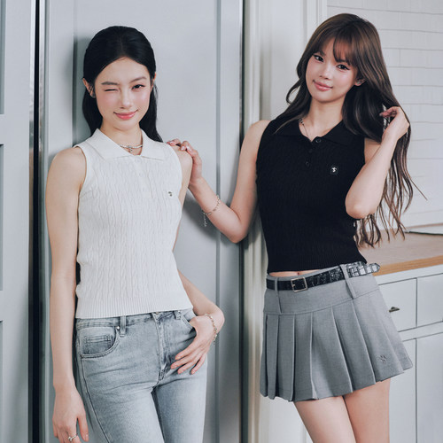 STK SmallTownKid 绞花无袖针织衫POLO领麻花针织背心女无袖上衣