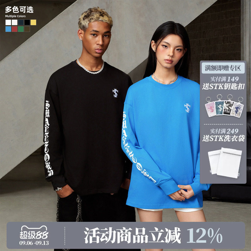 STK SmallTownKid 拉浆花体字长袖T恤春秋季男女休闲潮流设计TEE图片