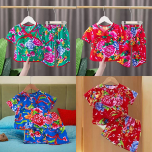 东北大花布套装国风女童短袖宝宝夏季薄款棉绸睡衣男童家居服防蚊