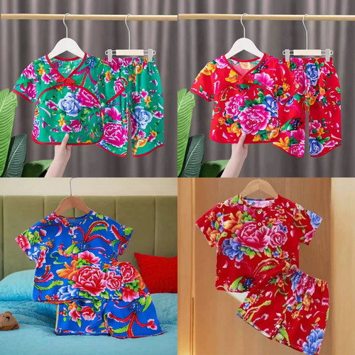 东北大花布套装国风女童短袖宝宝夏季薄款棉绸睡衣男童家居服防蚊