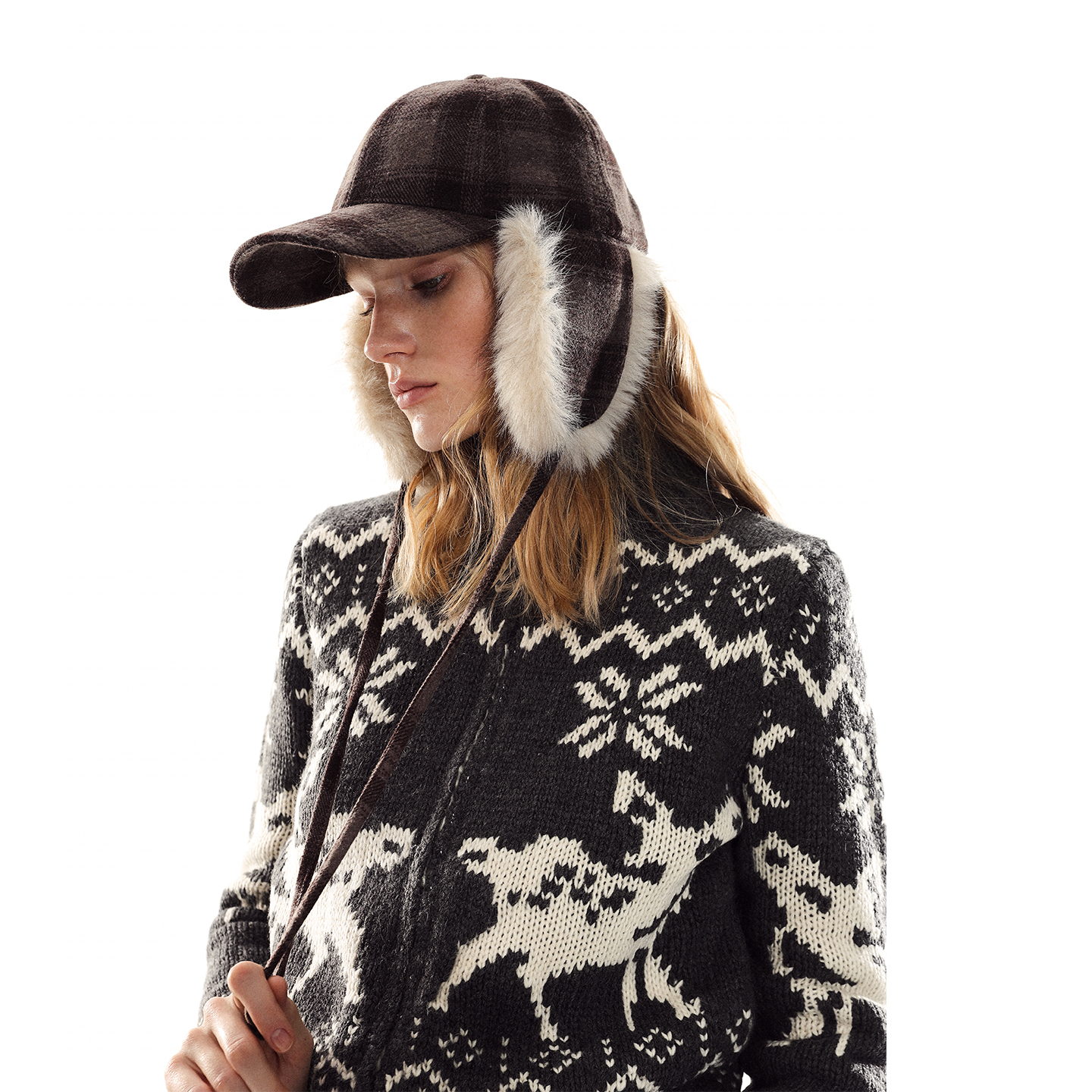 ADORE YOU 复古毛绒系带苏格兰格纹棒球鸭舌帽保暖雷锋帽护耳帽女