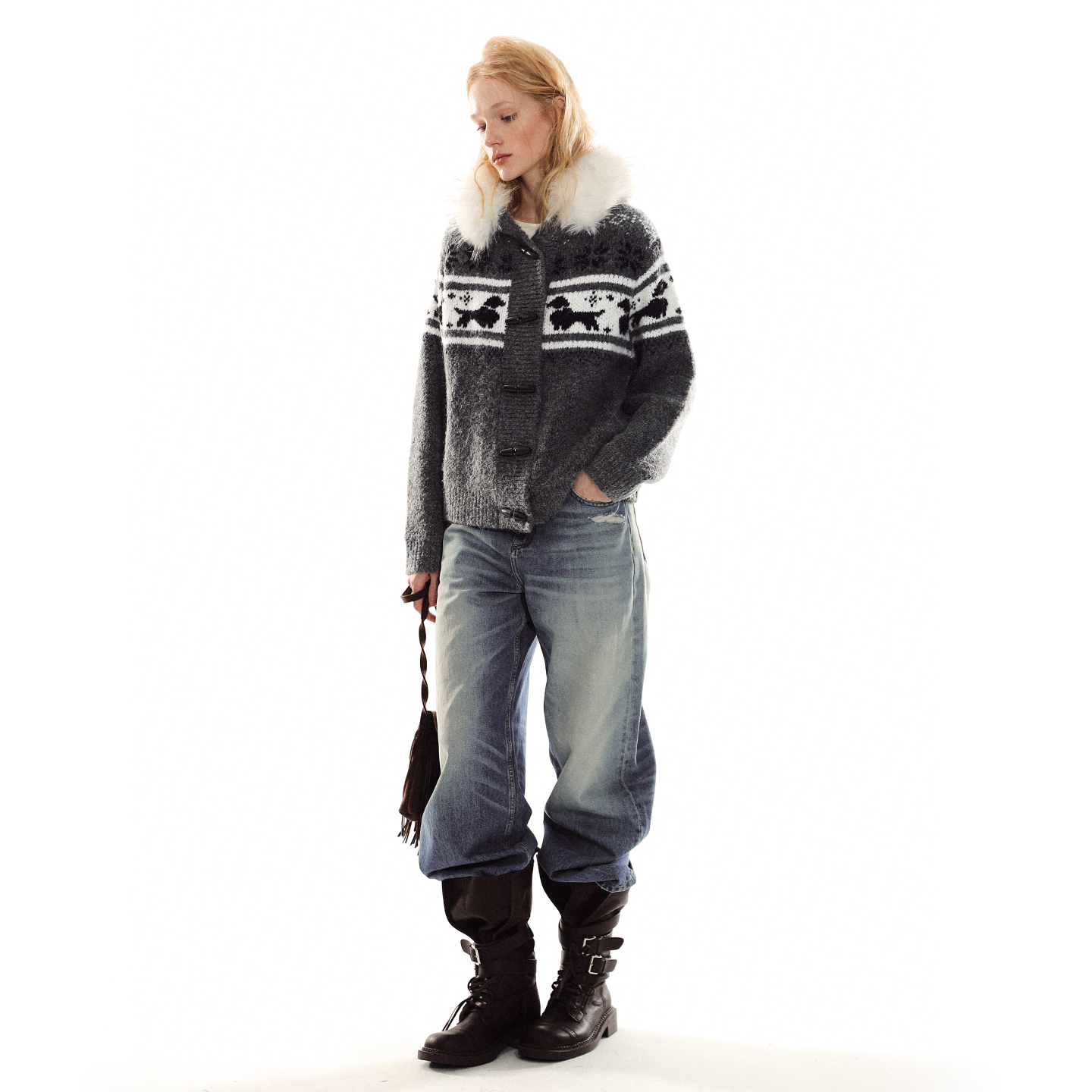 ADORE YOU 可拆卸毛领费尔岛小狗羊毛衣开衫宽松针织连帽外套女