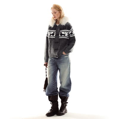 ADORE YOU 可拆卸毛领费尔岛小狗羊毛衣开衫宽松针织连帽外套女