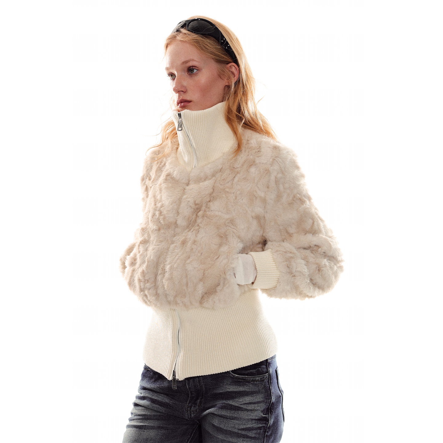 ADORE YOU 原创螺纹毛绒高领上衣下摆收腰修身短款拉链毛毛外套女