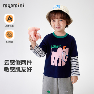 MQDmini兒童長袖 秋季 男童假兩件打底衫 寶寶圓領上衣服 t恤2025新款
