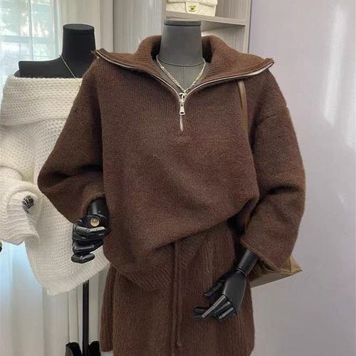 温柔慵懒风半拉链针织毛衣+裙子