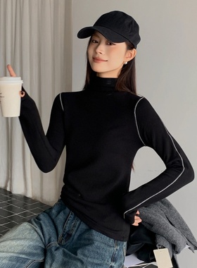 2025新款韩版手缝线重工设计感高领打底衫秋冬内搭女修身立领上衣