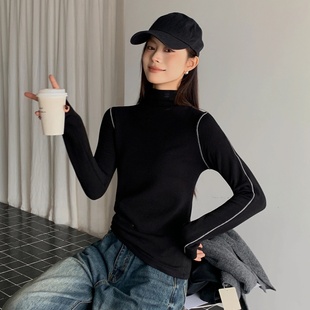 2025新款韩版手缝线重工设计感高领打底衫秋冬内搭女修身立领上衣