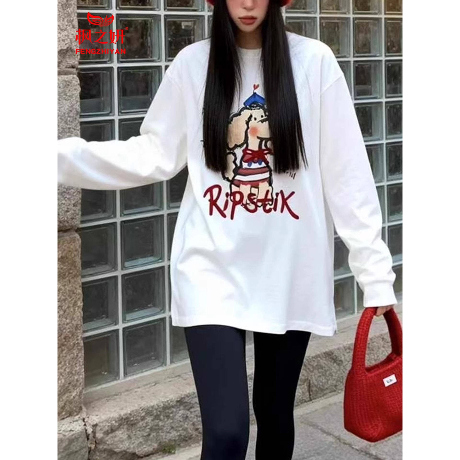 休闲慵懒风卡通狗狗印花长袖T恤女减龄显瘦遮肉上衣