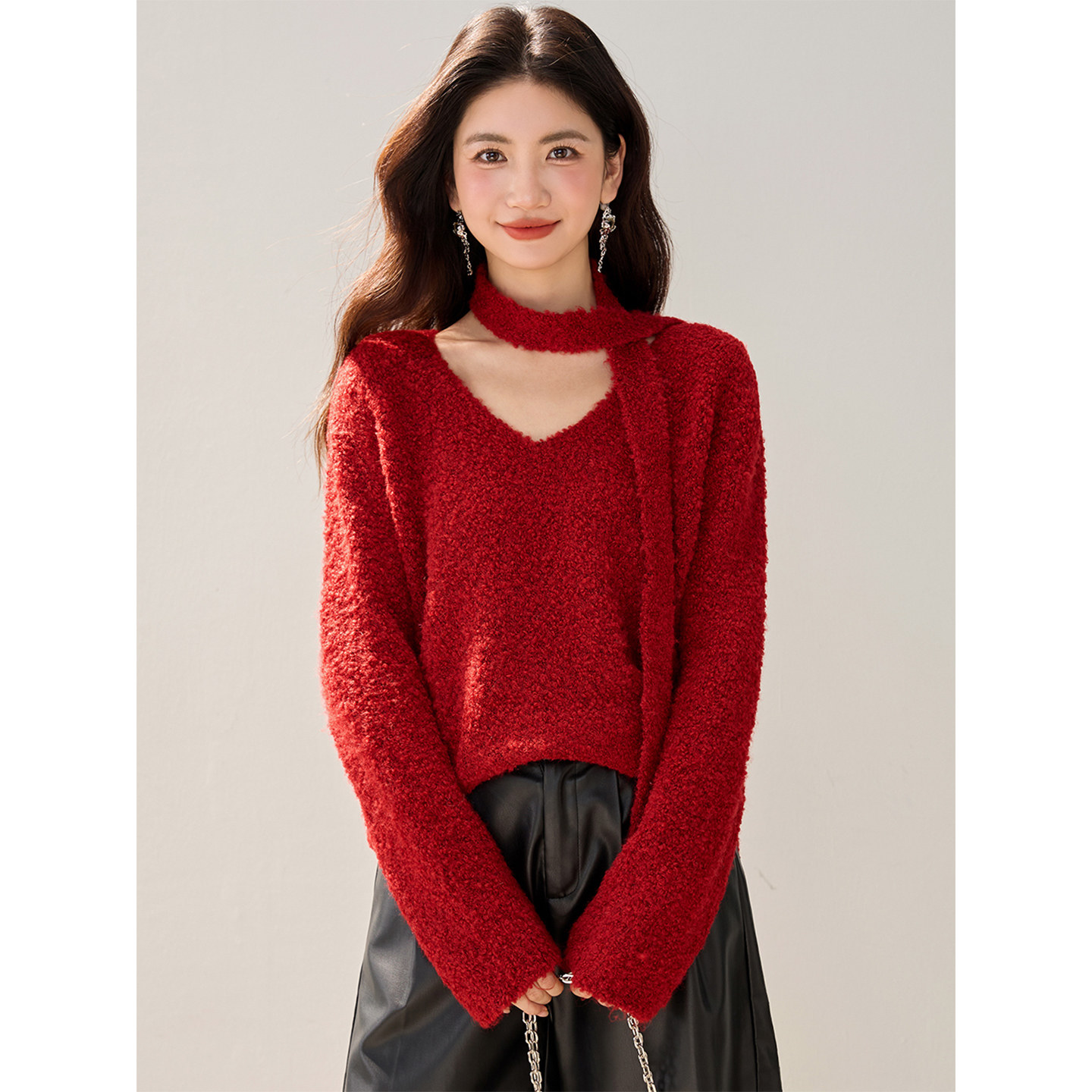 法式气质红色V领飘带针织衫上衣