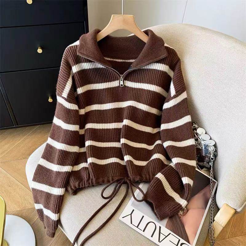 新款2025年春秋高领条纹长袖短款拉链毛衣女,女装/女士精品,毛针织衫,淘宝优惠券,粉丝福利购,淘宝优惠卷