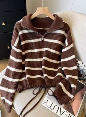 新款2025年春秋高领条纹长袖短款拉链毛衣女