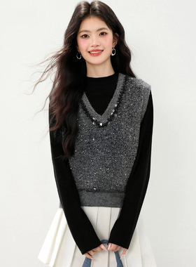 2025新款时髦高级感亮片钉珠马甲针织衫秋冬坎肩内搭叠穿宽松上衣