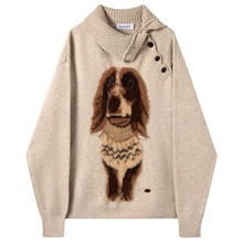 2025新款复古设计感小狗提花高领毛衣女秋冬季外穿慵懒针织衫上衣
