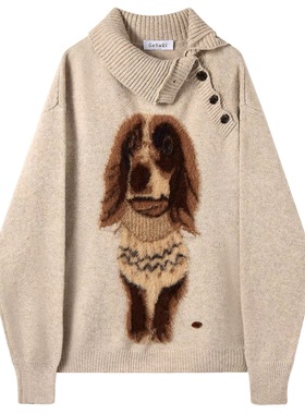 2025新款复古设计感小狗提花高领毛衣女秋冬季外穿慵懒针织衫上衣