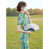 长款 气质年轻款 新款 改良民国风复古绿色高端少女旗袍裙2024年夏季