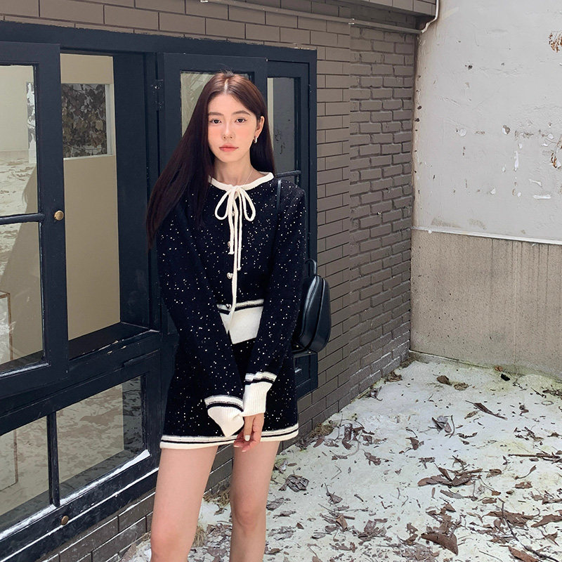 韩系气质blingbling亮片小香毛衣套装女春季长袖毛衣半身裙两件套