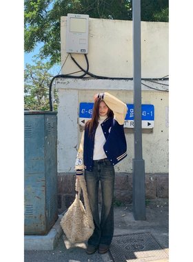 你好卡农 复古高腰微喇牛仔裤女秋季2025新款重工马骝猫须直筒裤