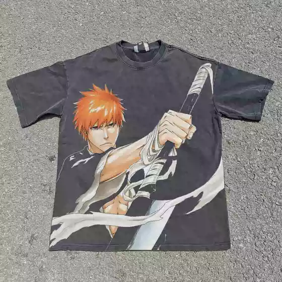 Retro Distressed Grim Reaper Anime Print Short-Sleeved T-Shirt for Men and Women, Loose Street Casual Vintage Top