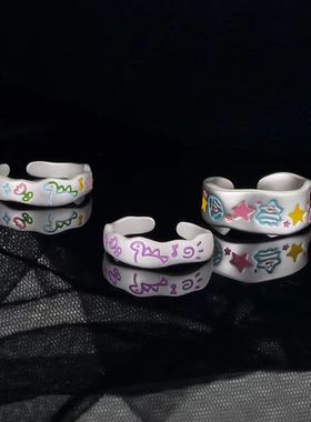 原创设计2024新款甜酷风恐龙涂鸦开口戒指高级感多巴胺甜美指环潮