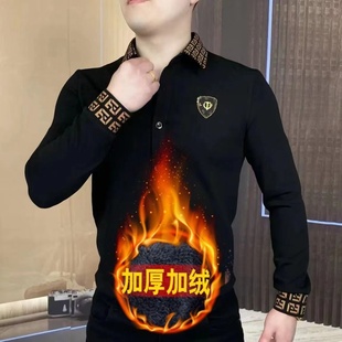 加绒加厚商务帅气大码 上衣2024秋冬季 新款 衬衫 高档长袖 男士 polo衫