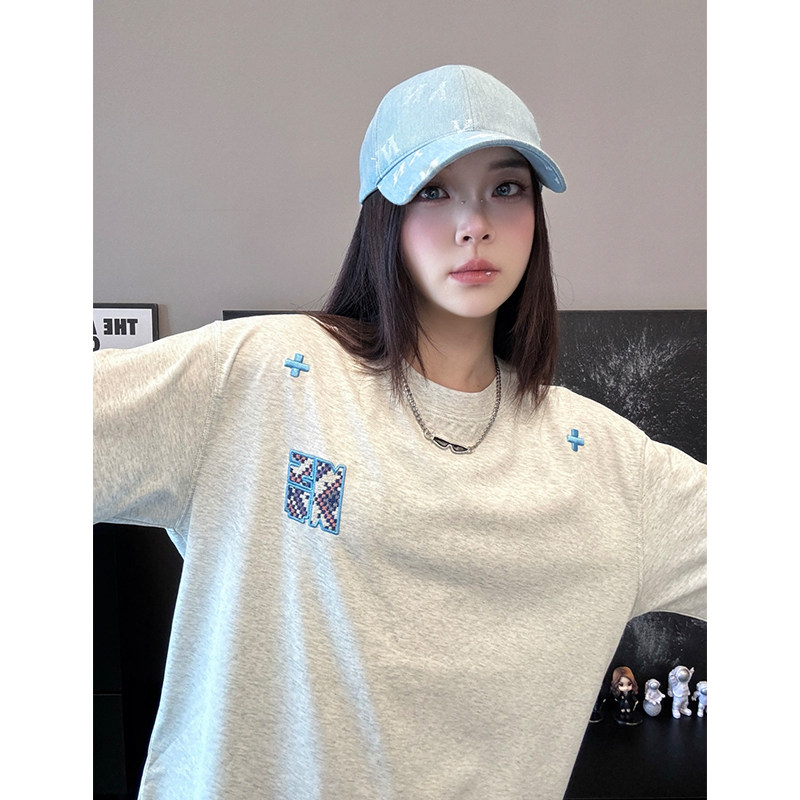 纯棉复古字母刺绣打底衫长袖T恤男女秋薄款宽松百搭情侣卫衣ins风