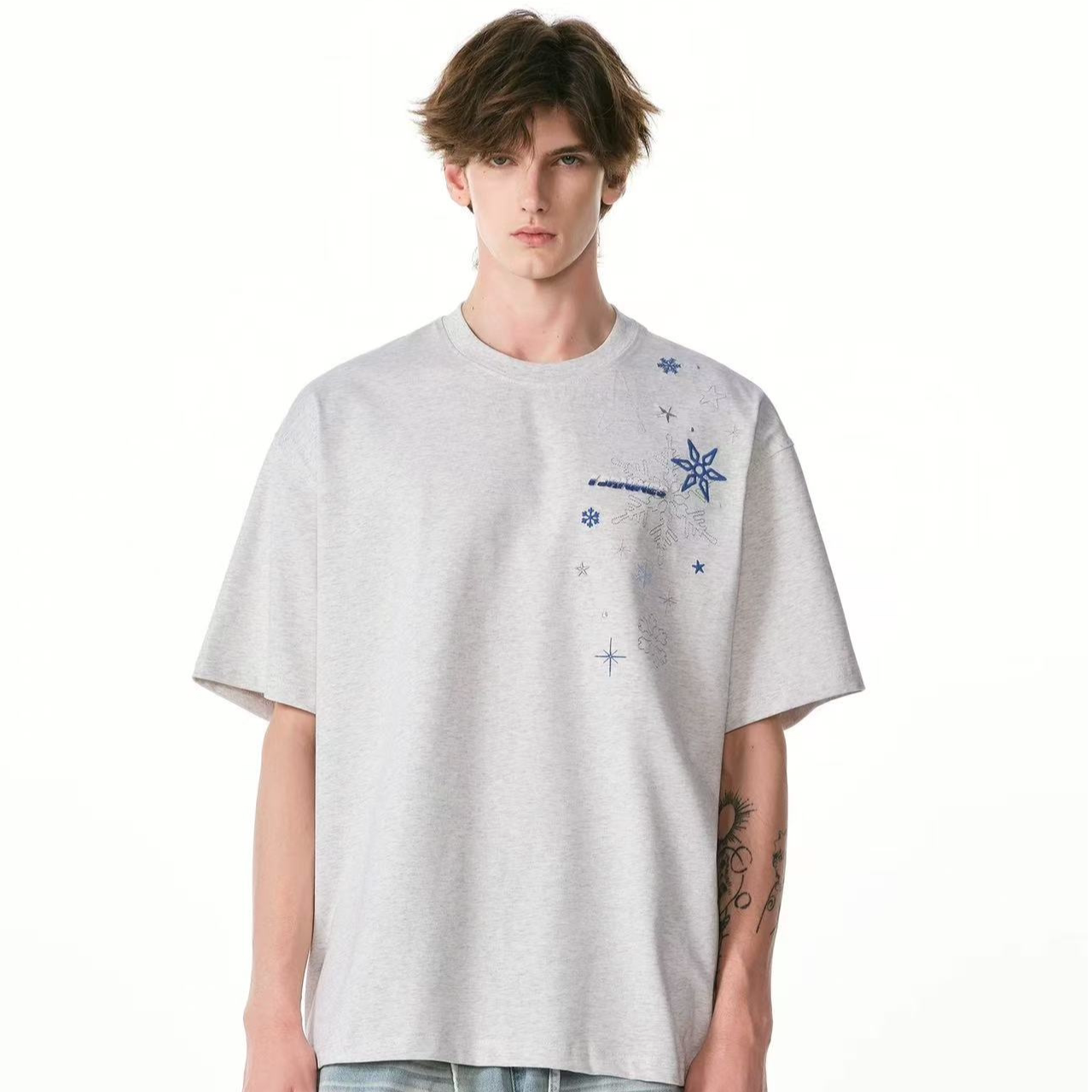 【纯棉100%立体雪花刺绣】夏季短袖高街宽松t恤男女凉感新款短袖