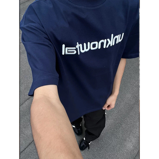 国潮牌字母刺绣重磅T恤短袖男款夏季宽松藏青色美式高街情侣上衣