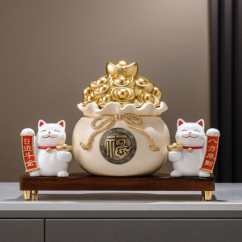 中式招财猫收纳聚宝盆钱袋金元宝摆件国潮桌面新年装饰品福袋礼品