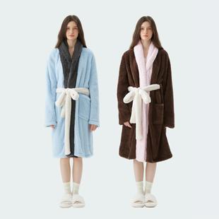 muabomb撞色睡袍保暖珊瑚绒加厚绒软糯情侣睡衣冬家居服女可外穿