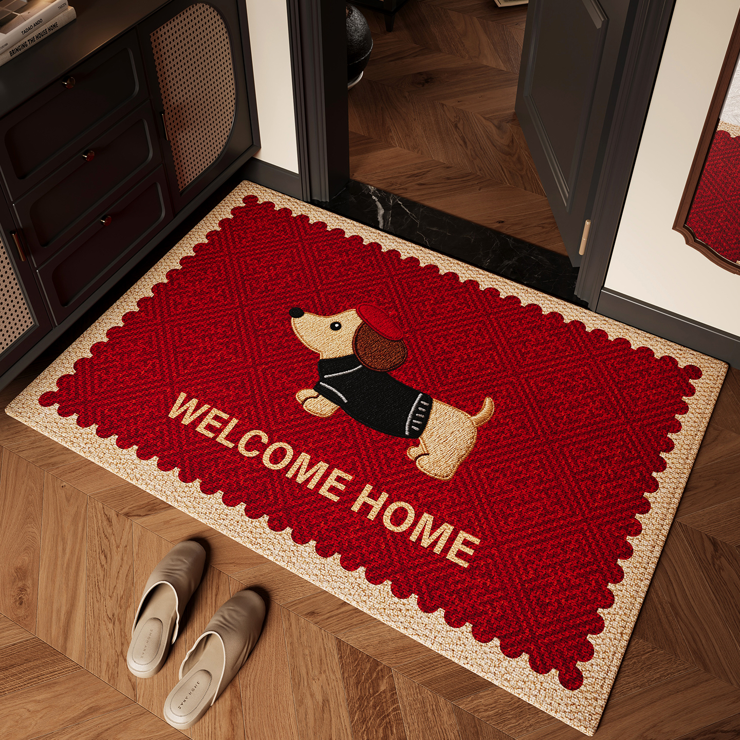 红色入户门地垫仿刺绣卡通喜庆