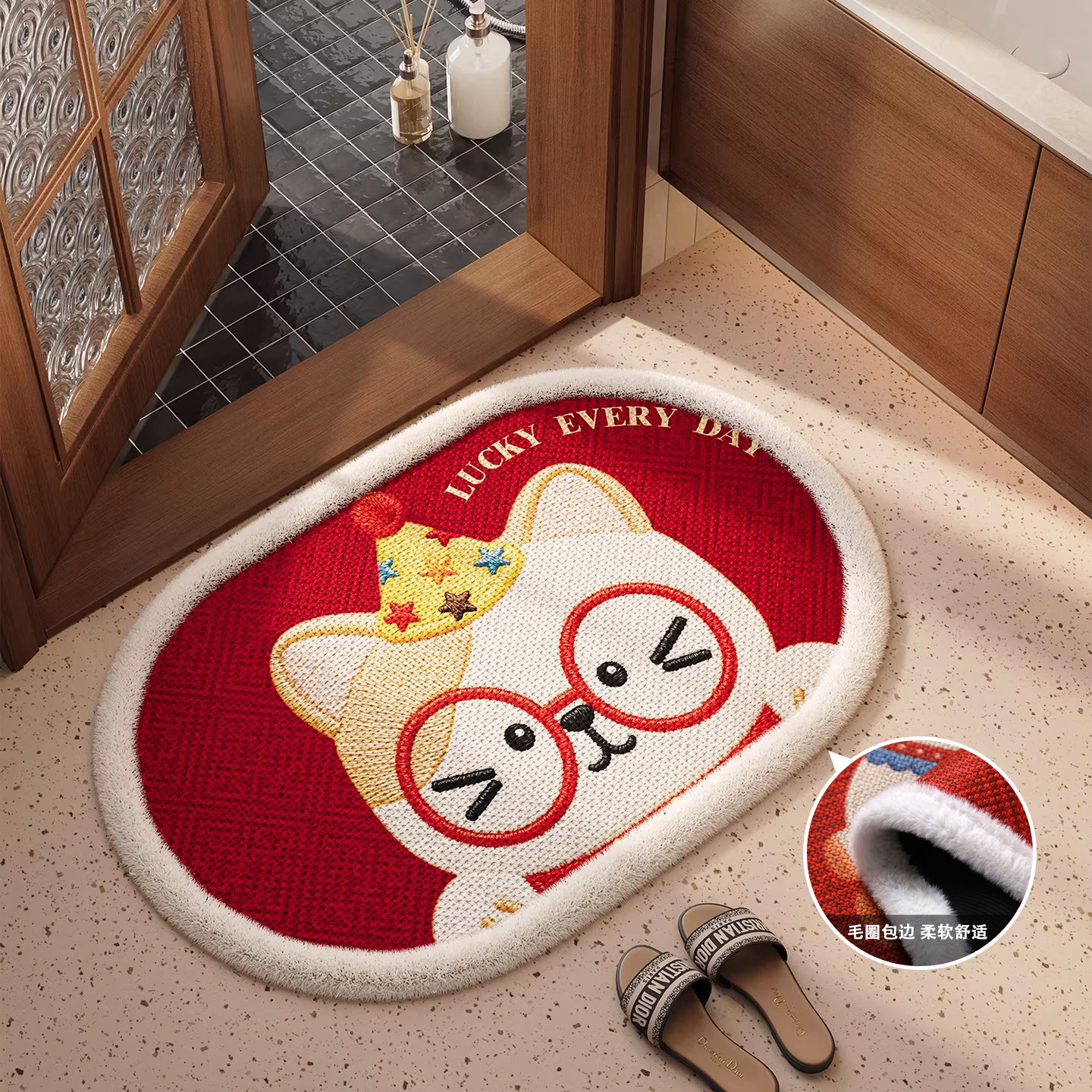 浴室防滑垫吸水速干卫生间地垫擦脚垫子红色卡通毛圈耐磨耐脏地毯