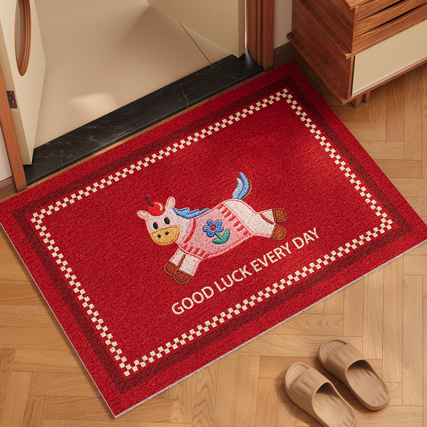 2026新款红色卡通小马新年地垫入户门垫防滑除尘可裁剪刮泥地毯,居家布艺,入户地垫,淘宝优惠券,粉丝福利购,淘宝优惠卷