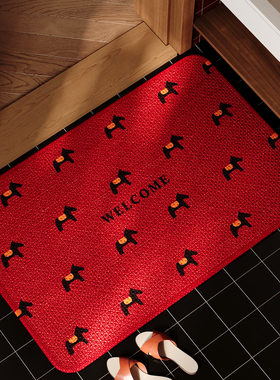 卫生间地垫仿编织亚麻浴室防滑垫子红色小马门口吸水速干擦脚地毯