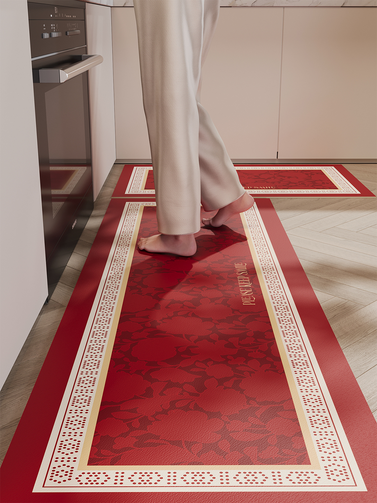 红色新年节日厨房防滑地板垫硅藻泥门吸收脚垫防污防摔浴室门垫