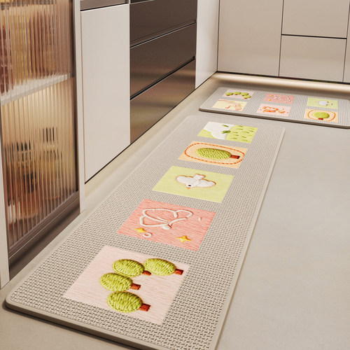 厨房地垫家用耐磨耐脏专用免洗脚垫子卡通仿编织亚麻吸水速干地毯