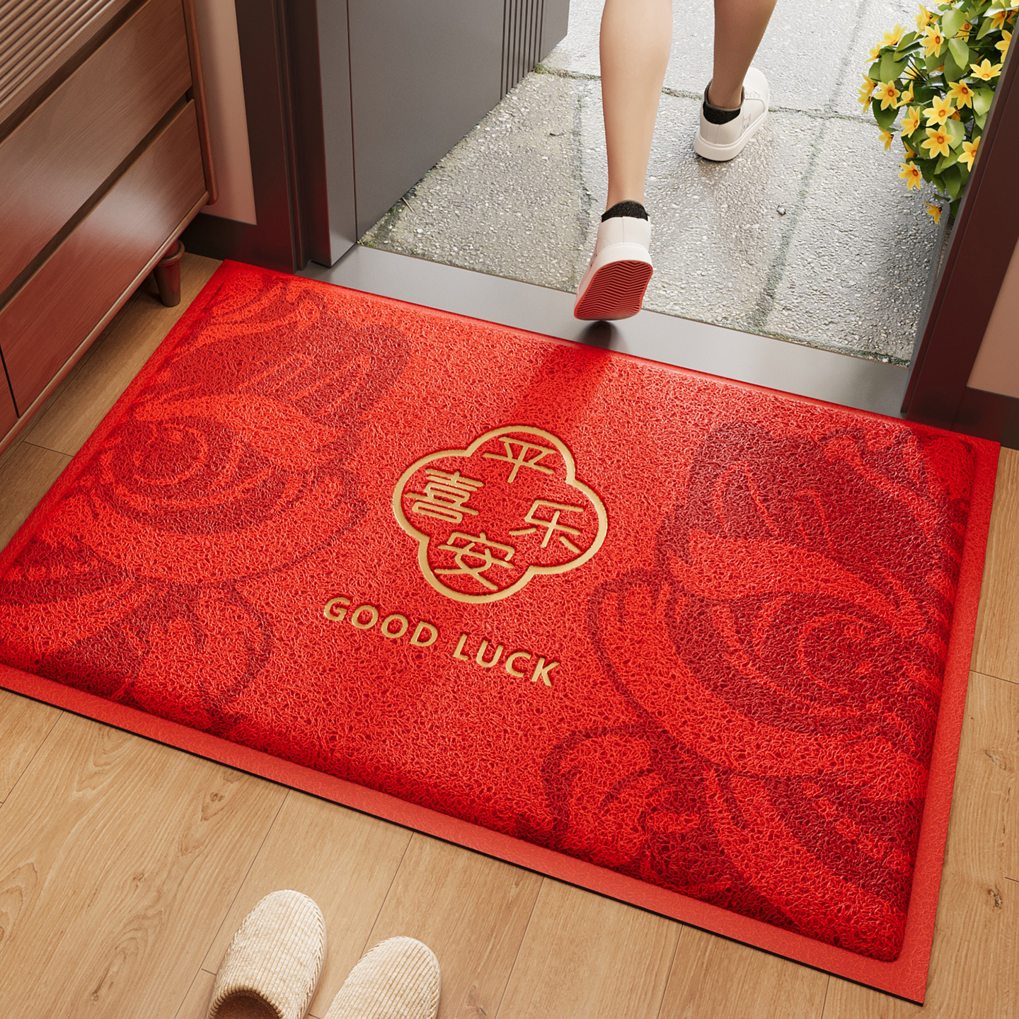 红色入户门地垫进门脚垫丝圈压花防滑除尘耐磨耐脏玄关大门口地毯