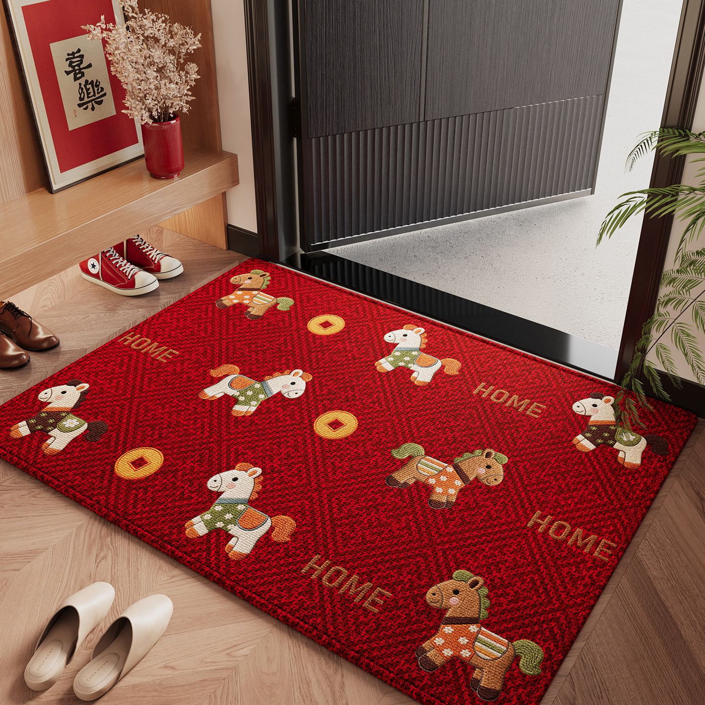 红色入户门地垫卡通马年家用