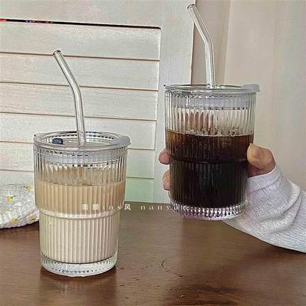 咖啡杯外出携带ins风带条纹吸管玻璃随手杯冰美式拿铁杯喝水杯子