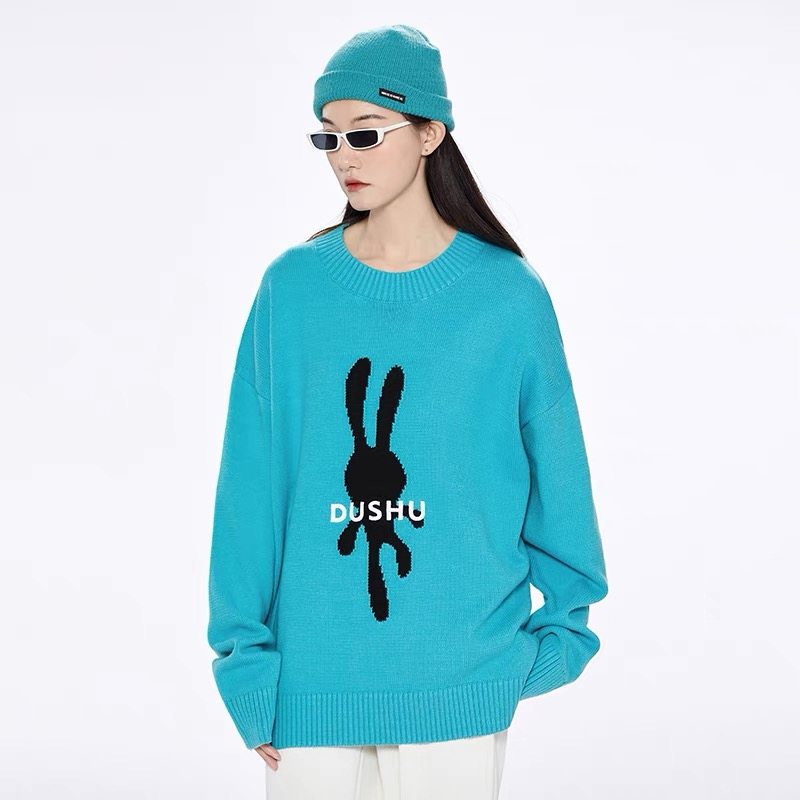 DUSHU独述国潮春秋经典可爱兔绣花线衫克莱茵蓝厚重男女时尚毛衣,男装,针织衫/毛衣,淘宝优惠券,粉丝福利购,淘宝优惠卷
