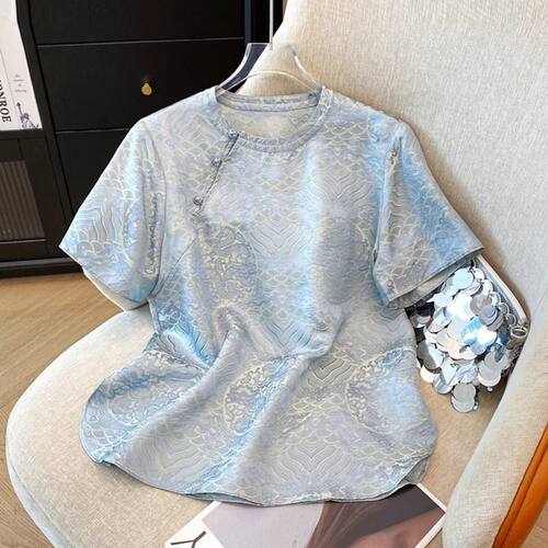 国风纯色上衣女夏季复古改良新中式斜襟衬衫高档时尚提花短袖小衫